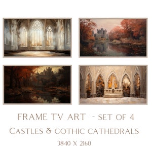Peut inclure: Ensemble de quatre impressions d'art numérique représentant des châteaux et des cathédrales gothiques. Les impressions représentent une variété de scènes, notamment un château reflété dans un lac, l'intérieur d'une cathédrale et un chemin forestier menant à un château. Les impressions sont dans une palette de couleurs douces et ont un style pictural.