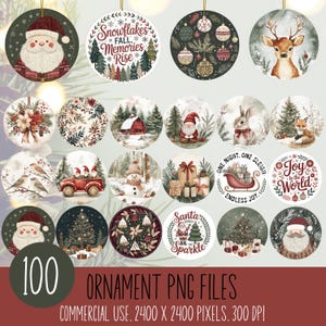 Peut inclure: Ensemble de 100 fichiers PNG d'ornements de Noël avec divers motifs festifs. Les ornements présentent le Père Noël, des rennes, des bonhommes de neige et des scènes d'hiver. Chaque ornement rond est doté d'une ficelle dorée. Le texte "Snowflakes Fall, Memories Rise" est également visible.