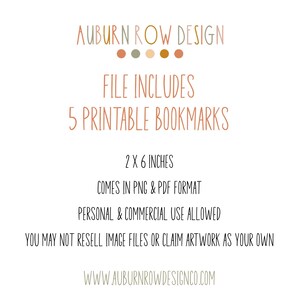 May include: White background with text: "AUBURN ROW DESIGN", "FILE INCLUDES 5 PRINTABLE BOOKMARKS", "2 X 6 INCHES", "COMES IN PNG & PDF FORMAT", "PERSONAL & COMMERCIAL USE ALLOWED", "YOU MAY NOT RESELL IMAGE FILES OR CLAIM ARTWORK AS YOUR OWN", and website address.