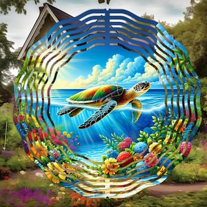 May include: A vibrant, colorful image of a sea turtle swimming in the ocean. The turtle is surrounded by a decorative, layered frame with a garden of flowers. The background features a blue sky with clouds and a house.