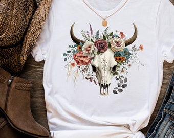 Cow Skull Shirt, Cow Skull Tshirt, Floral Cow Skull Shirt, Cow Skull Gifts, Western Shirt, Western Tshirt, Boho Cow Skull Shirt