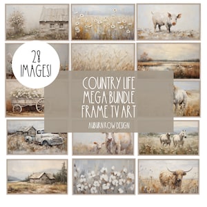 May include: A collection of 28 framed country life themed art prints. The prints feature images of farm animals, landscapes, and rustic scenes. The text "COUNTRY LIFE MEGA BUNDLE FRAME TV ART AUBURN ROW DESIGN" is displayed in the center of the image.