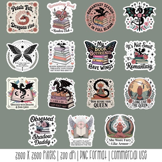 Printable Romantasy Stickers, Romantasy Stickers PNG, Romantasy Sticker Clipart, Dragon Stickers, Dragon Clipart
