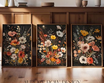 Moody Wildflower Prints, Dark Floral Printable Art, Dark Cottagecore Art Prints, Set of 3 Dark Floral Art Prints, Set of 3 Floral Art Print