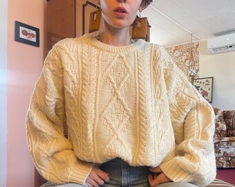 100% British wool Vintage 1990s XL Cable knit turtleneck fishermans sweater! Made in the UK