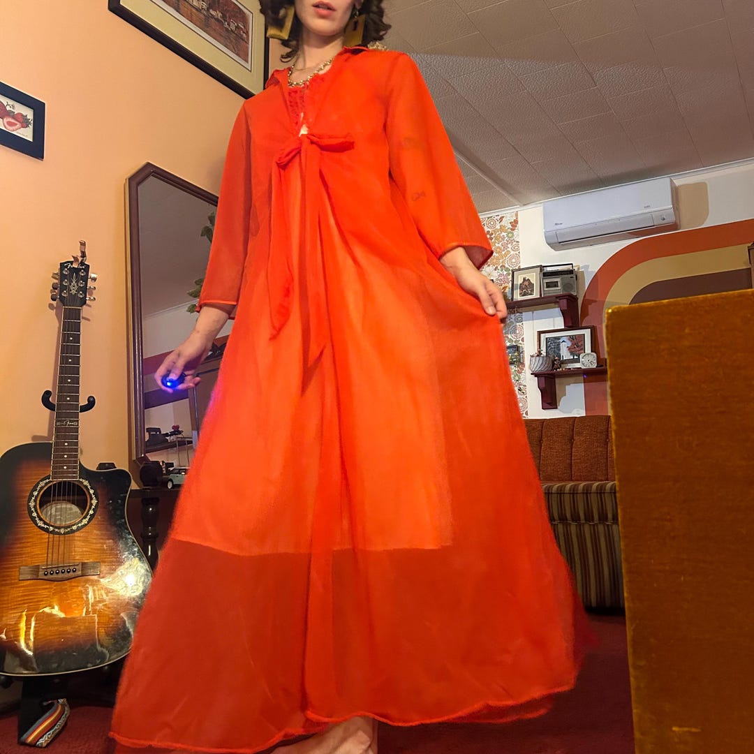 Bell Ringing Robe 1970s Sheer Rose Bell Sleeve Robe Ruched Lingerie Peignoir Set ...