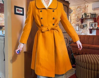 1960s 100% Virgin wool Montroy twill orange belted mod peacoat - double-breasted made in Canada!