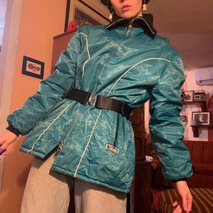 1970s vintage turquoise Nikaldi ski coat with black belt - Made in Canada!