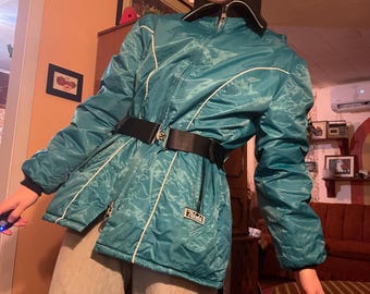 1970s vintage turquoise Nikaldi ski coat with black belt - Made in Canada!