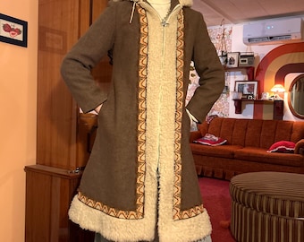 1970s hippie Wool blend hooded embroidered fur trimmed penny lane coat - made in Canada!