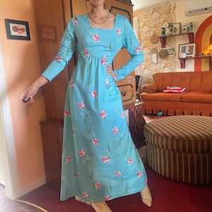 Handmade 1970s prairie square neck long sleeve tie waist maxi dress in blue with pink floral print!