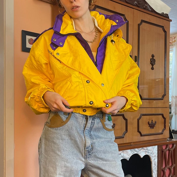 90s vintage Yellow and purple SUPERSOFT couloir hooded ski jacket!