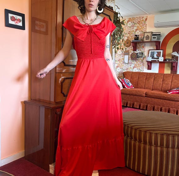 1970 Vintage Red Floor Length Maxi Salsa Dress With Roller Collar