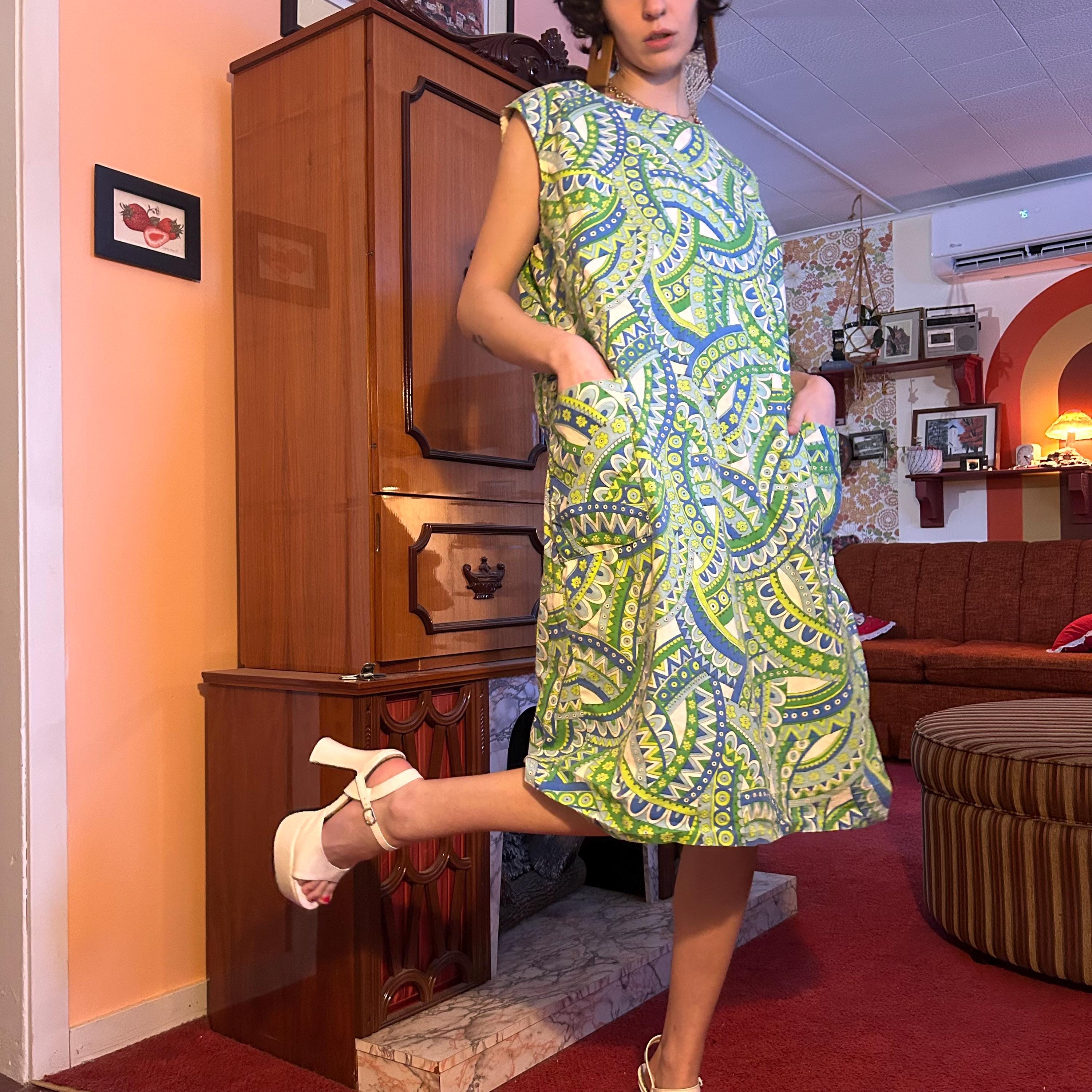 green 60s style dress 50s/60s Teal Botanical Print Dress main image 1