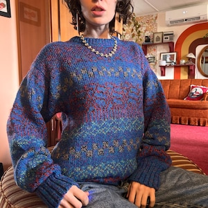 1990s Acrylic-wool blend cabincore blue and red sweater! What a fun sweater!