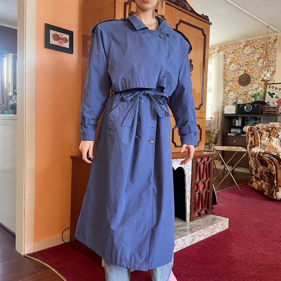 1980s classic double-breasted belted periwinkle long trench coat!