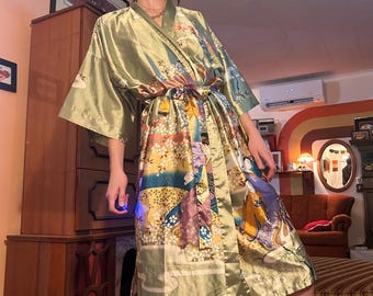 1980s 100% silk geisha girl cherry blossom printed belted kimono robe - by Oriental Village!