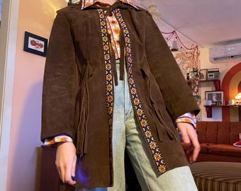 1960s hippie festival dark suede tribal edge fringe hooded jacket!