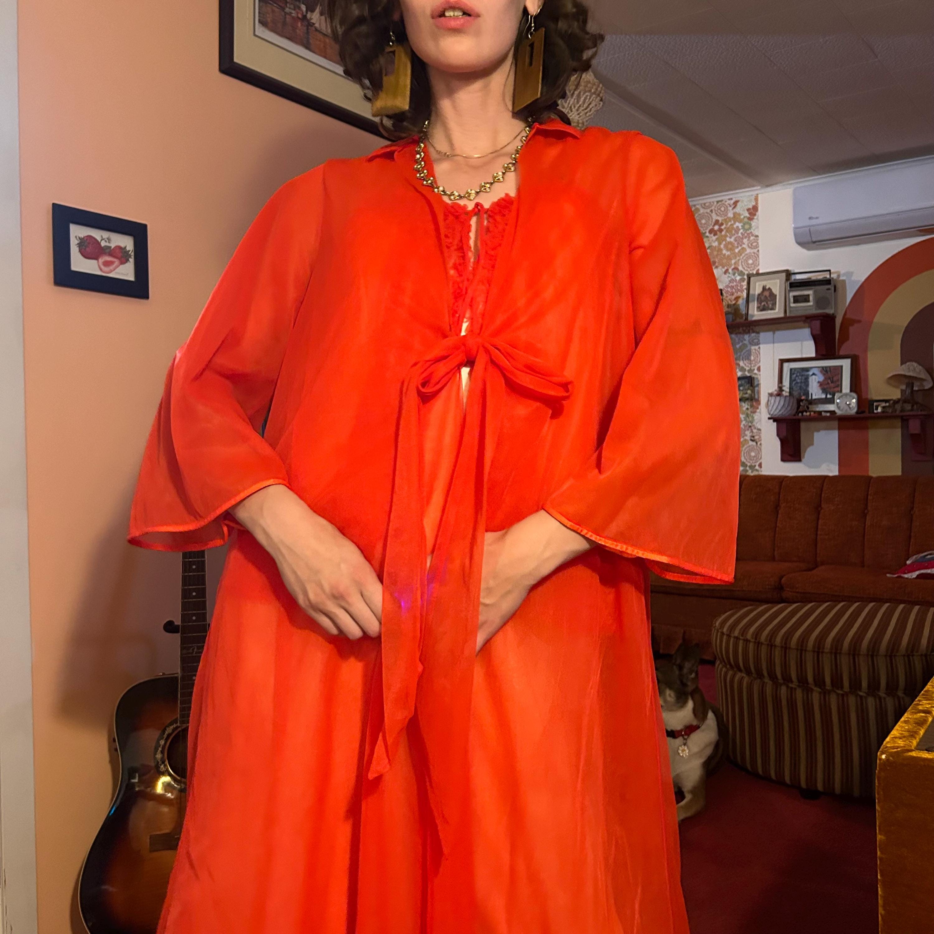 Bell Ringing Robe 1970s Sheer Rose Bell Sleeve Robe Ruched Lingerie Peignoir Set ...