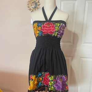 90s Floral embroidered black scalloped halter dress