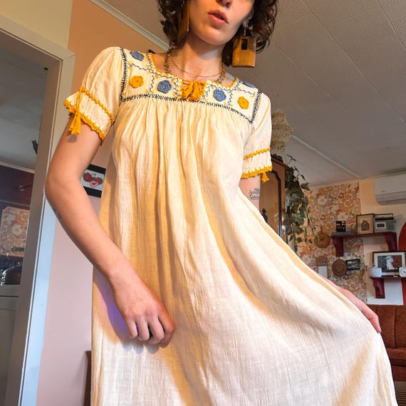 hippie embroidered dress 1960s vintage hippie cotton afghan kaftan maxi dress / Lux hippie / ca –  Top of the Shops Boutique main image 1