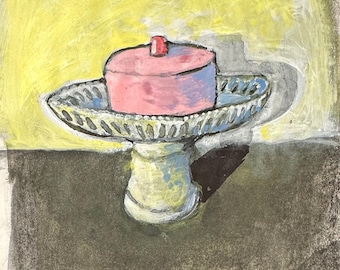 Original Drawing – “Pink Cake on Stand” | 8" x 11" | Mixed Media on Paper | Signed