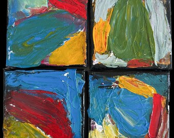 Set of Four Abstract Paintings – 4” x 4” Each | Mini Original Art | Black Edges | Flexible Display