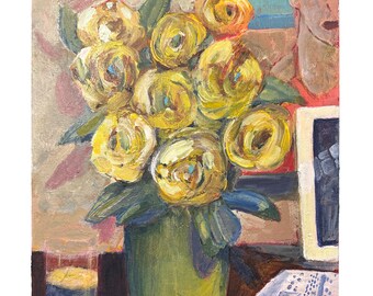 Original Acrylic Painting – “Yellow Blooms on Desk” | 11" x 14" | Still Life on Canvas Board