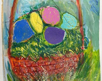 Easter Basket Painting – Acrylic & Watercolor on Paper – Spring Still Life Art