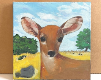 Young Deer in Field – Original Acrylic Painting on Canvas, 15" x 15"