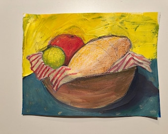 Still Life with Fruit and Bread in Bowl – Acrylic Painting on Paper