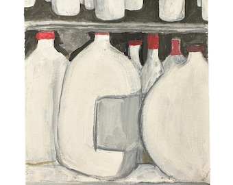 White Bottles Still Life – Acrylic Painting on Canvas Board – Red Caps on Steel Shelves – Modern Industrial Art -11x14
