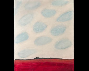 Pale Blue Clouds Over Red Field – Original Acrylic Painting, 8" x 10"