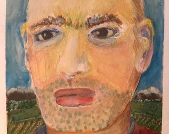 Portrait of a Man on a Hill – Original Acrylic Painting on Paper, Landscape Background
