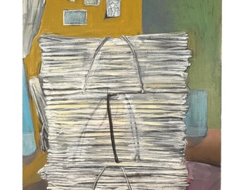 Stacked Newspapers Acrylic Painting on Canvas – Family Photos & Art Wall Still Life – Original Artwork