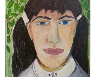 Jong meisje in het bos – origineel figuratief schilderij, 23 x 24 inch, acryl op gespannen doek