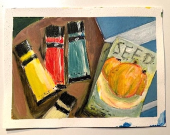 Still Life with Paint Tubes & Seed Packet – Acrylic and Watercolor Painting on Paper