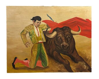 Vintage | Bullfight Scene Large Oil Painting on Linen or Flax Funaoka Canvas by Paula Ender – Large Figurative Artwork 39.5” x 31.5”