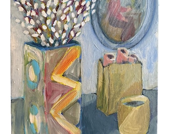 Acrylic Still Life — Peter Shire Vase with Dried Pussy Willow — 11" x 14" Painting