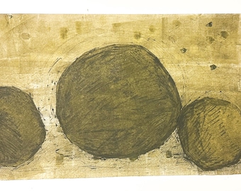 Monotype Print – “Two Balls / Three Balls” – 9" x 14" – Dark Green Ink on Newsprint
