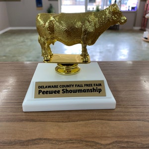 May include: Gold-colored cow trophy on a white base with a gold plaque that reads "Delaware County Fall Free Fair Peewee Showmanship".