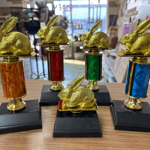 May include: Five gold rabbit trophy figurines on black bases with colorful columns. The bases are square and the columns are cylindrical. The rabbits are in different poses.