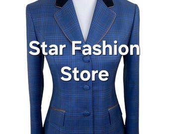May include: A blue plaid blazer with a black velvet collar and brown trim. The blazer has three buttons and two front pockets. The text "Star Fashion Store" is displayed on the front of the blazer.