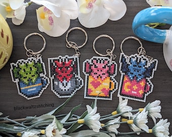Bundle of Four Mini Patterns for Cross Stitch Keychains, Pins, Magnets - Instant Download PDF - Teacup Dragons, Tea Dragons, Fantasy