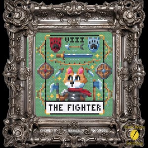 The Fighter Tarot Card Cross Stitch Pattern - Instant Download PDF - Fantasy Cross Stitch, Video Game Cross Stitch, Gamer Cross Stitch