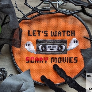 Let&#39;s Watch Scary Movies Cross Stitch Pattern - Instant Download PDF - Gothic Cross Stitch, Horror Cross Stitch, Spooky Cross Stitch, VHS