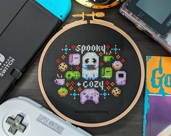 Spooky and Cozy Cross Stitch Pattern- Instant Download PDF - Spooky Cute Cross Stitch, Ghost Cross Stitch, Gamer Cross Stitch