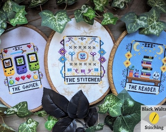 Bundle of Three Tarot Card Cross Stitch Patterns - Instant Download PDF - Video Game Cross Stitch, Magic Cross Stitch, Bookish Cross Stitch