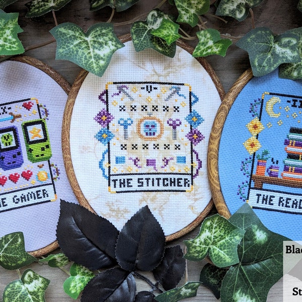 Bundle of Three Tarot Card Cross Stitch Patterns - Instant Download PDF - Video Game Cross Stitch, Magic Cross Stitch, Bookish Cross Stitch