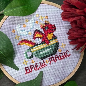 Tea Dragon Cross Stitch Pattern- Instant Download PDF - Magical Cross Stitch Pattern, Cute Cross Stitch Pattern, Dragon Cross Stitch Pattern